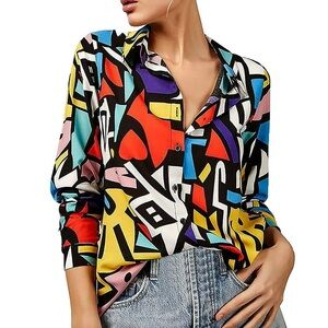 Women Long Sleeve Polyester Irregular Printed Single Lapel Shirt size large